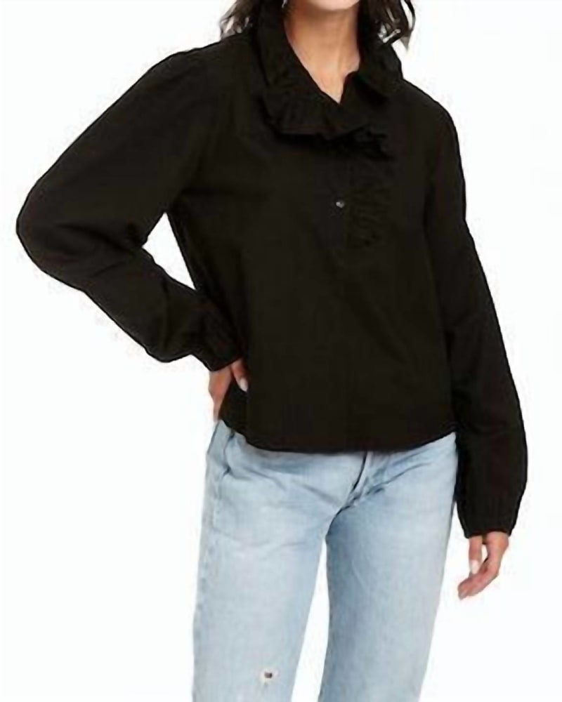 Front of a model wearing a size L Nicola Top in Black in Black by LOVE THE LABEL. | dia_product_style_image_id:343586